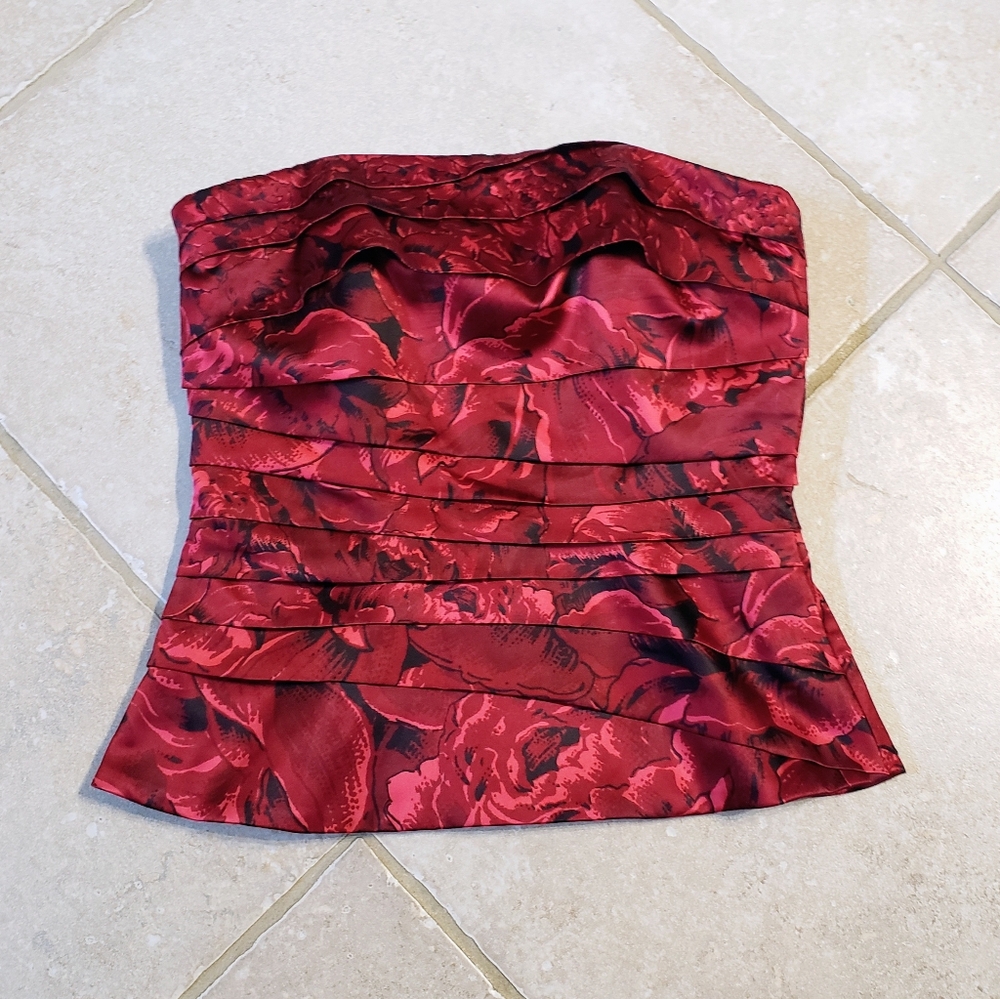 White House Black Market Red Floral Bustier Satin Top
